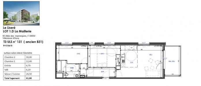 For rent Villeneuve-d'ascq 3 rooms 62 m2 Nord (59491) photo 1